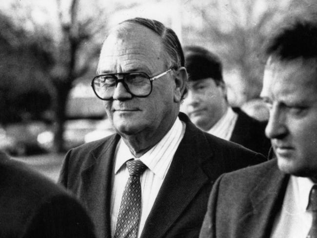 Tasmanian media magnate and chairman of Gunns Ltd Edmund Rouse attends a Launceston Court in 1989, before he was convicted and jailed for attempting to bribe a Tasmanian Labor politician.