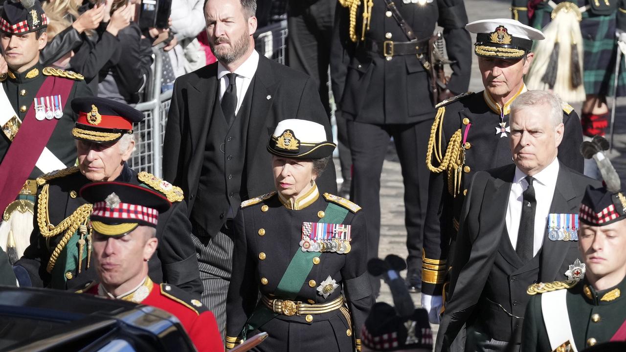 A photo of Prince Andrew (second from right) walking behind the hearse carrying Queen Elizabeth’s coffin has sparked outrage and shone a spotlight on his controversial past. Photo: Jon Super