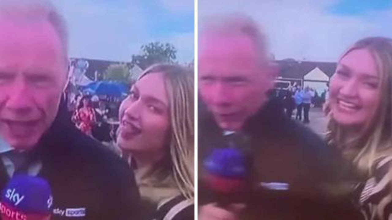 The happy punter caused mischief as Mick Fitzgerald attempted to present on Sky SportsCredit: Sky Sports Racing