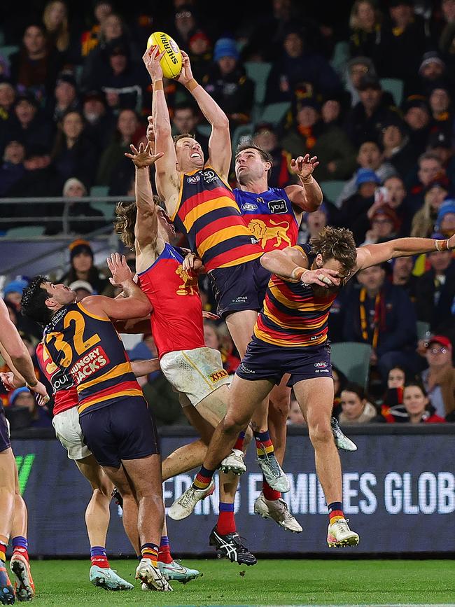Jordan Dawson soars for a mark in the fourth quarter. (Photo by Sarah Reed/AFL Photos via Getty Images)