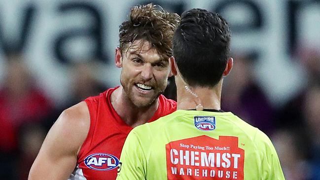 Sydney's Dane Rampe was fined $10,000 for telling an umpire he spoke like ‘a little girl’. Picture: Phil Hillyard.