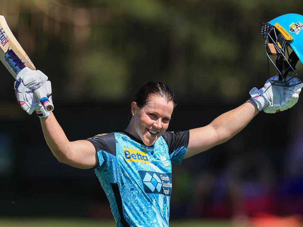 Grace Harris celebrates her record-breaking hundred against Perth Scorchers. Picture: Mark Evans/Getty Images