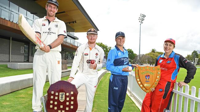 2021 SACA cricket men's and women's grand final players Will Bosisto (Adelaide University captain), Lloyd Pope (Kensington), Alex Price (Sturt) and Jess O'Reilly (Southern District). Bosisto would be hoping for a big win over Southern District to kickstart another strong finals run in 2022. Picture: Tom Huntley