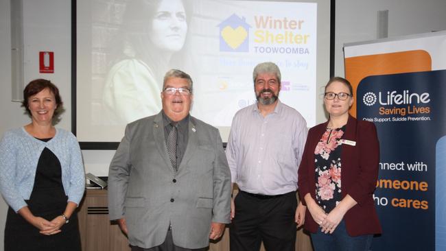 UNITING FOR TOOWOOMBA’S HOMELESS: At the launch of the Winter Shelter Toowoomba Pilot Program (from left) CEO of TSBE Ali Davenport, Chief Executive Officer at Lifeline Darling Downs &amp; South West Queensland Derek Tuffield OAM, Lifeline’s Rodney Watton and Deb Robinson from the Toowoomba Chamber of Commerce. Picture: Kate McCormack