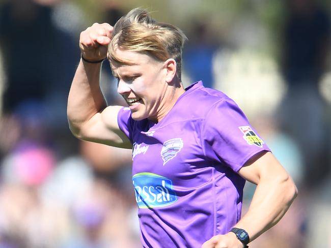 Nathan Ellis celebrates a wicket against the Melbourne Renegades. Picture: STEVE BELL/GETTY