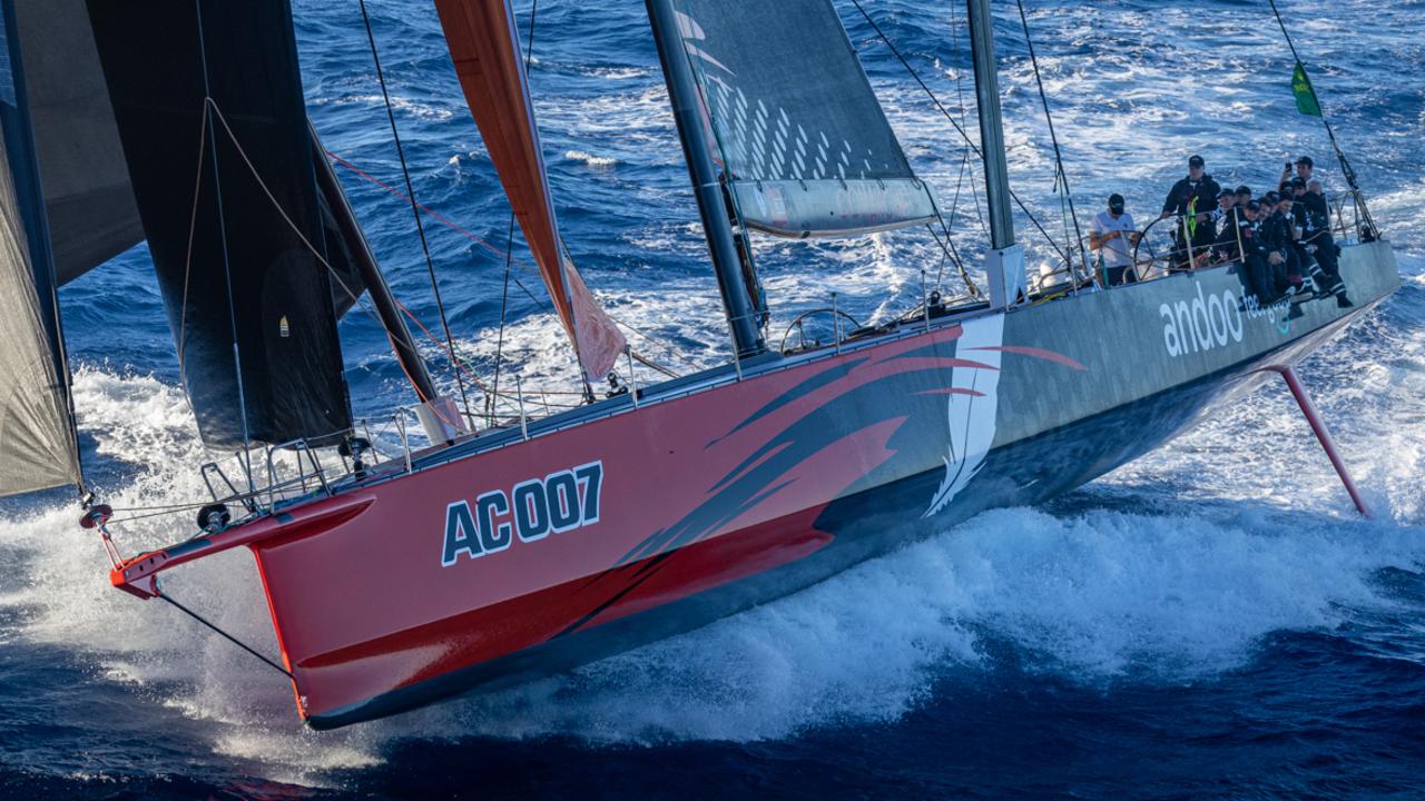 The extraordinary ocean mauler Andoo Comanche on her way to the line honours win in the 2022 race. Pic: Rolex/Andrea Francolini