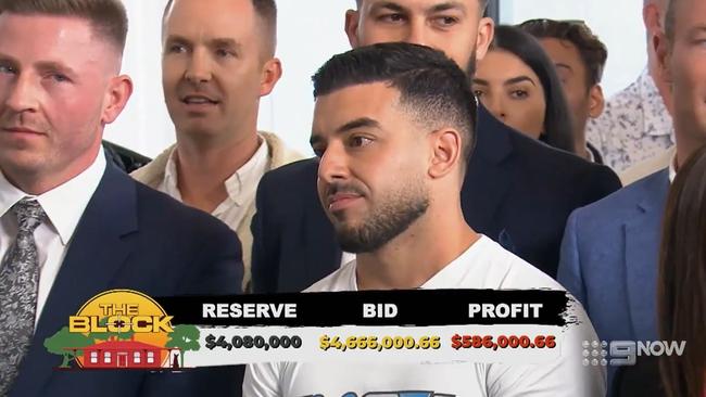 Mr Portelli caused a stir when he opened an auction on The Block at $4.5 million, well above the $4.08 million reserve. Picture: Channel 9