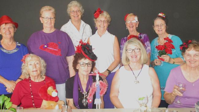 (2) Widgee Mad Hatters at the Royal Hotel, Lynlie Cross, Margaret Fittler, Sue Norwood, Alice Burke, Anne Johnson &amp; Janet Ramsland with Bev Betts, Marilyn Belford, Trisha Wing &amp; Vern Birch (seated).