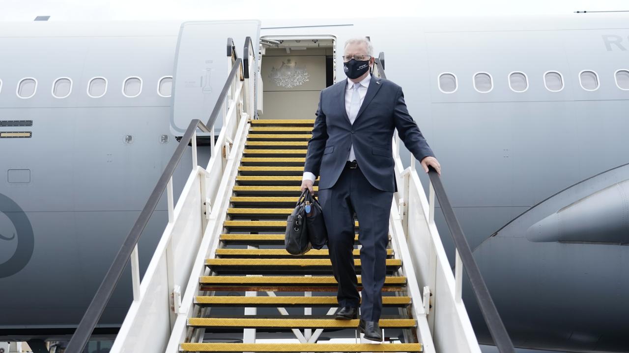 Prime Minister Scott Morrison descends from ‘Shark One’ following an escalation in the diplomatic rift with France during his trip to Europe. Picture by Adam Taylor/PMO