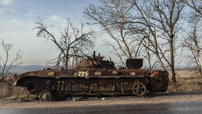 A destroyed Russian BMP infantry fighting vehicle in the Donetsk region. Picture: AFP.