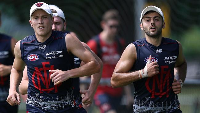 Bernie Vince and Christian Salem ... setting the pace in defence for Melbourne. Picture: Wayne Ludbey