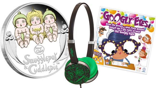 Snugglepot &amp; Cuddlepie 2015 coin, Smiggle headphones and Googly Eyes Board Game.