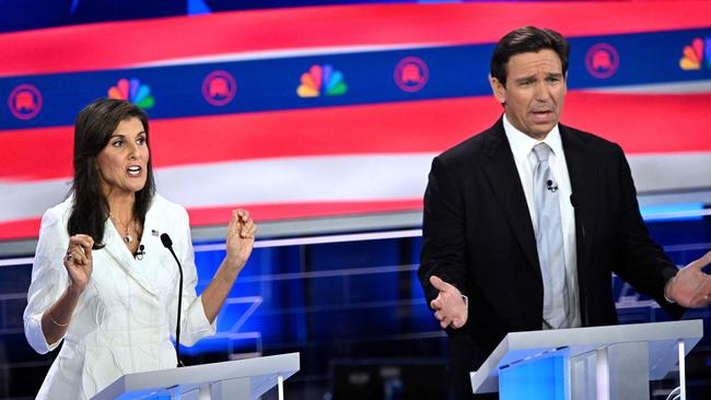 Nikki Haley, left, and Florida Governor Ron DeSantis speak during the third Republican presidential primary debate in Miami, Florida, on November 8. Picture: AFP