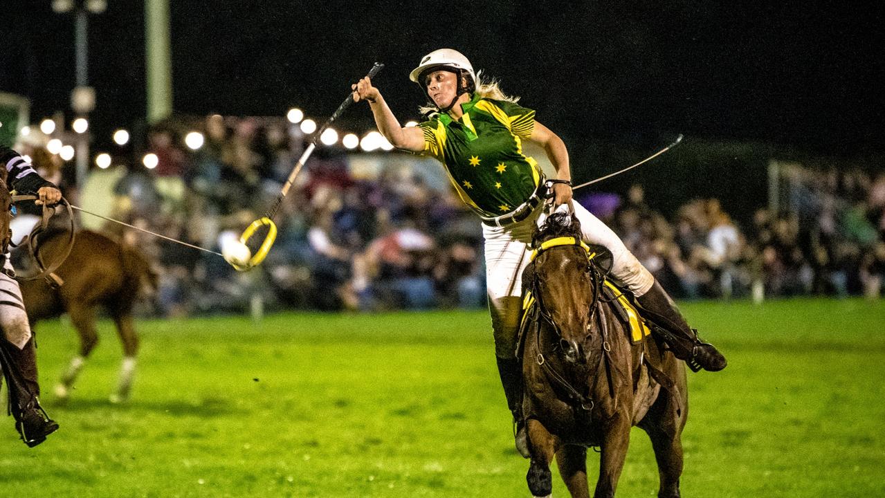 Chinchilla Polocrosse player, Lindsey Doolan playing in the 2022 Anzac Test Series at the Warwick Polocrosse Club. Picture: the wife creative.