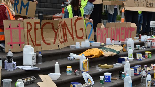 A recycling protest at state parliament this week. Picture: James Ross (AAP)