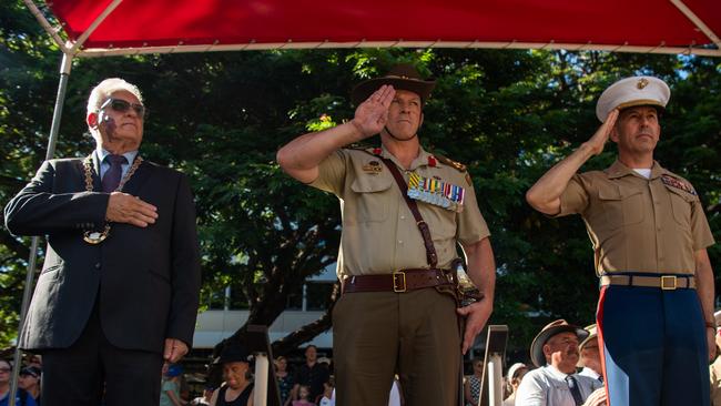 Lord Mayor Kon Vatskalis, Brigadier Doug Pashley CSC and Brian Mulvihil at the Anzac Day march through Knuckey Street in Darwin. Picture: Pema Tamang Pakhrin