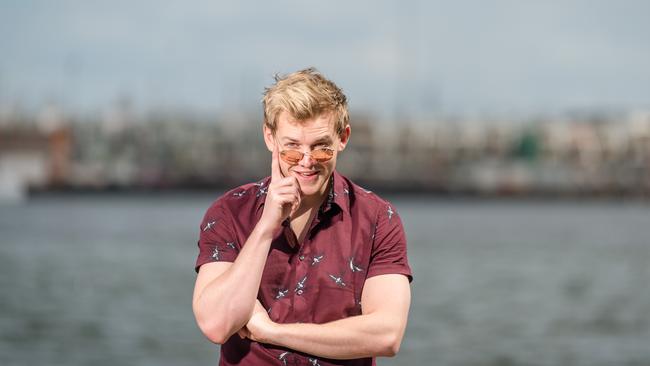 Comedian Joel Creasey in Docklands ahead of the launch of his upcoming book <i>Thirsty.</i> Picture: Eugene Hyland