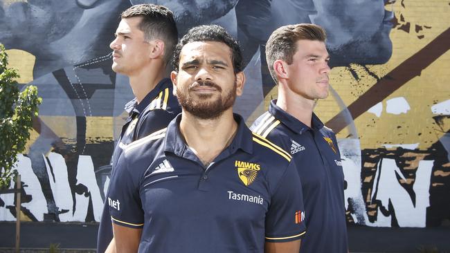 Hawthorn players Ryan Burton, Cyril Rioli and Jaeger O'Meara. Picture: David Caird