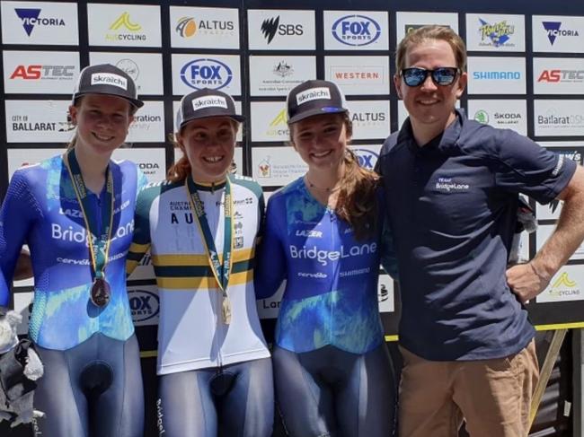 Felicity Wilson-Haffenden (second from left) and Pat Shaw with other members of Team Bridgelane at last month's Road Nationals in Ballarat.