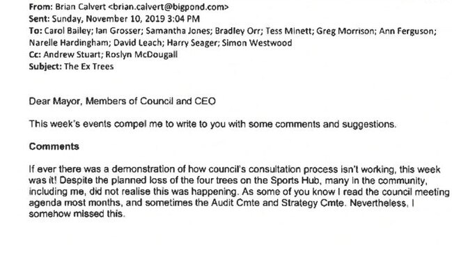 The beginning of Mt Barker resident Brian Calvert’s email which prompted a response form deputy mayor Samantha Jones. Picture: Supplied