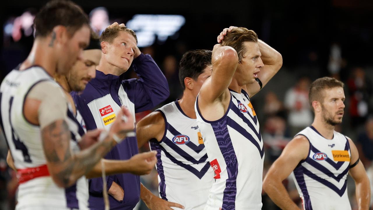 Nat Fyfe looks dejected after the loss to St Kilda. Picture: Michael Willson