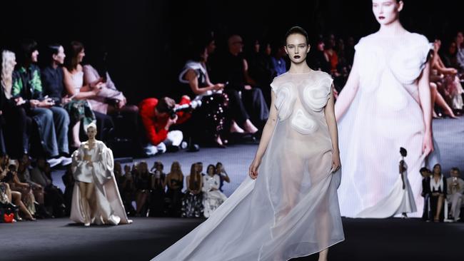 Sheer! A model walks the runway during the MARIAM SEDDIQ show at Australian Fashion Week 2025 at Carriageworks on May 15, 2025 in Sydney, Australia. (Photo by Brendon Thorne/Getty Images)