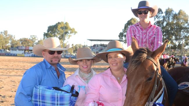 Tick, Meg and Kate Everett with winner Marnie Hamilton and horse Summer after the presentation of the Dolly Everett Memorial Ladies Campdraft prizes at the Warwick Showground in 2018. Picture: Gerard Walsh / WDN