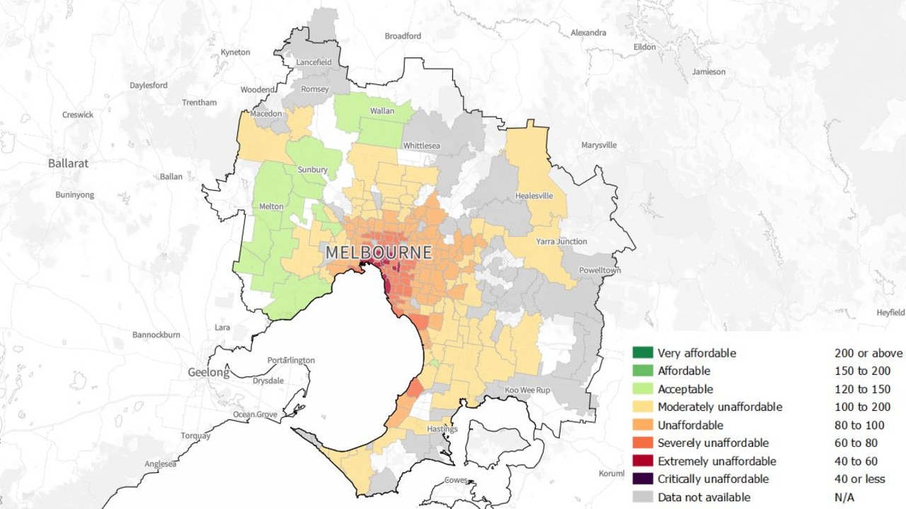 People on a single income with children can barely afford anywhere around Melbourne. Source: Rental affordability heat map 2024: SGS. View the full map <a href="https://sgsep.com.au/projects/rai-2024-embargoed">here</a>