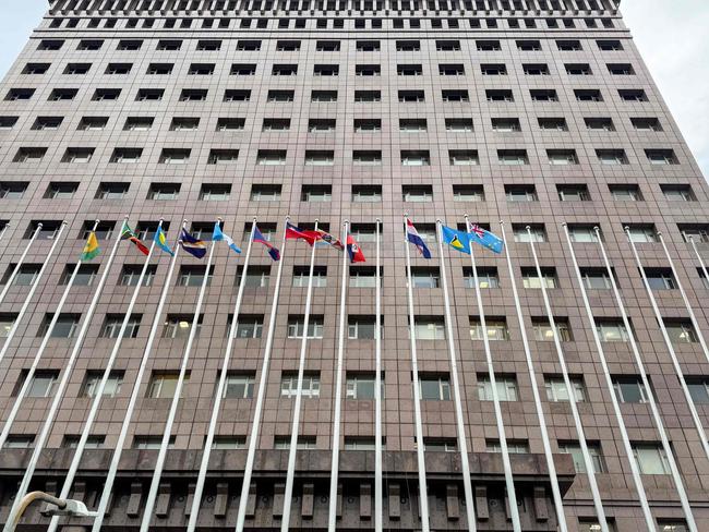 The national flag of Nauru is missing from its post (fourth right) at the diplomatic quarter where the Embassy of the Republic of Nauru is located in Taipei, Taiwan. Picture: Yan Zhao / AFP