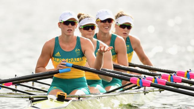 RIO DE JANEIRO, BRAZIL — AUGUST 03: Australia's women's quadruple sculls Jessica Hall, Kerry Hore, Jennifer Cleary and Madeleine Edmunds train at Lagoa Rodrigo de Freitas on August 3, 2016 in Rio de Janeiro, Brazil. (Photo by Quinn Rooney/Getty Images)