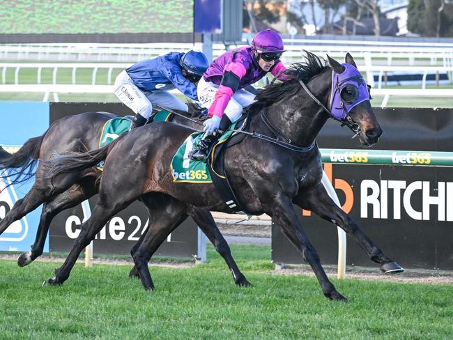 Rolling Moss ridden by Logan Bates wins the Prestige Jayco BM58 Handicap at Geelong Racecourse on June 06, 2024 in Geelong, Australia. (Reg Ryan/Racing Photos via Getty Images)