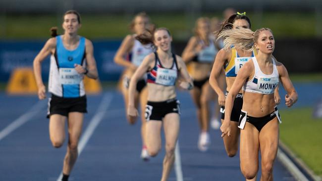 Action in the 800m race late on Sunday.