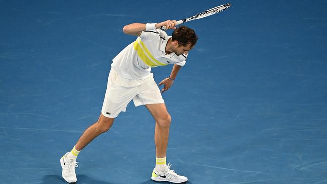 Daniil Medvedev takes his frustrations out on his racquet. Picture: Getty Images