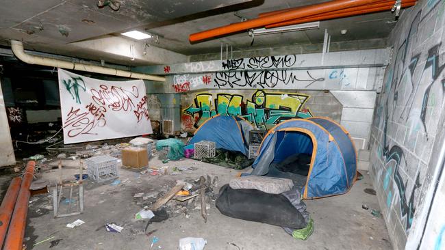 Homeless lair that is an old underground carpark in the basment of an abandoned building on corner of Markwell Ave and Gold coast high way. Picture Mike Batterham