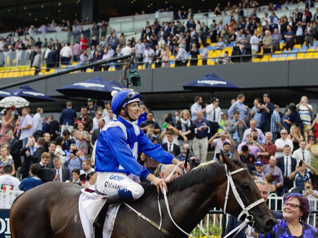 Winx ridden by Hugh Bowman wins race 5 at Rosehill Gardens on Golden Slipper day. Picture: Jenny Evans