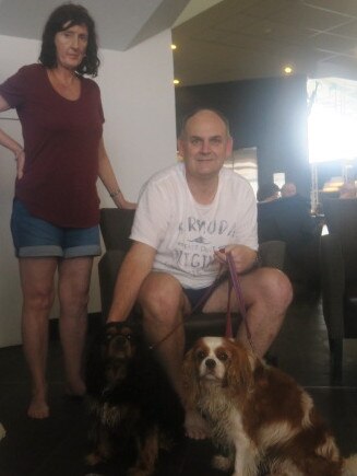 Scott and Karen Sharwood at Port Panthers evacuation centre. Picture: Daniel Mills