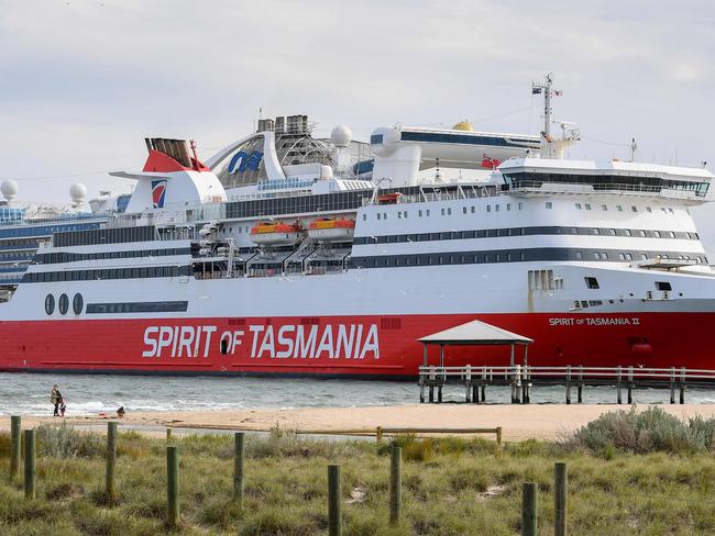 The Spirit of Tasmania ferry which carries passengers between Melbourne and Devonport in Tasmania, is moored at Station Pier in Melbourne on March 24, 2020. - Tasmania's Premier Peter Gutwein said on March 24 only residents and essential travellers will be able to arrive in the state on the Spirit of Tasmania ferry from Melbourne as the state goes into a lockdown. (Photo by William WEST / AFP)