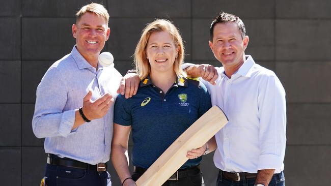 Former Australian cricketers Shane Warne, Alex Blackwell and Ricky Ponting are among those playing in the bushfire bash. Picture: AAP Image/Michael Dodge