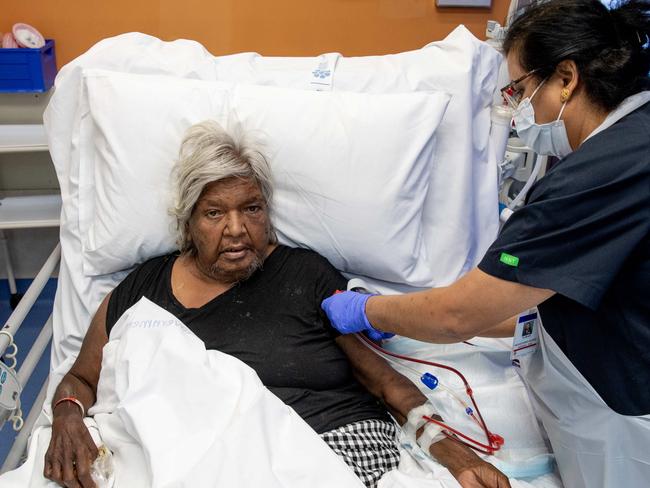 Diabetes and renal patient Julie Klein receiving dialysis, who lives at the Little Sisters town camp in Alice Springs. Ms Klein says diabetes sufferers are dying waiting for dialysis chairs. Picture: Liam Mendes / The Australian