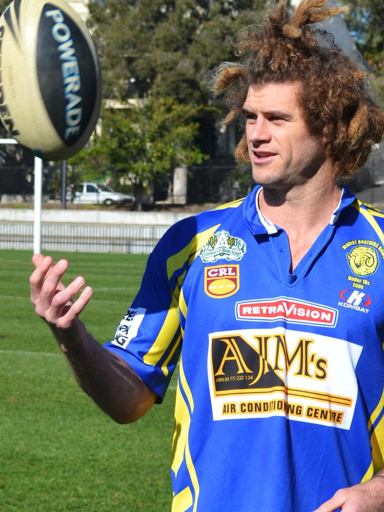 South Sydney Robbiths NRL player and Marist Brothers old boy Matt King, in a Brothers jersey to celebrate the Lismore school club's 100th anniversary.