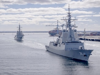 Adelaide-built HMAS Hobart and Brisbane during sea acceptance trials.