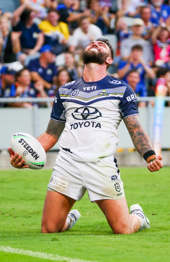 Kyle Feldt scores to become the Cowboys' all-time leading tryscorer. Picture: NRL Photos