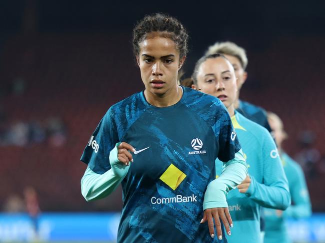 ZURICH, SWITZERLAND - OCTOBER 25: Mary Fowler of Australia warms up prior to the Women's international friendly match between Switzerland and Australia at Stadion Letzigrund on October 25, 2024 in Zurich, Switzerland. (Photo by Arnd Wiegmann/Getty Images for Football Australia)