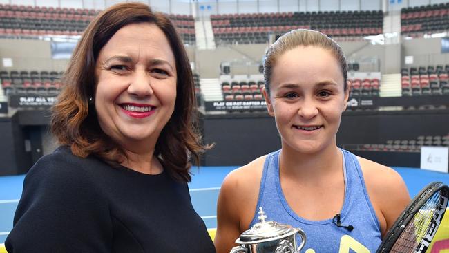 Queensland Premier Annastacia Palaszczuk poses with and world number one tennis player Ashleigh Barty. Picture: AAP Image/Darren England