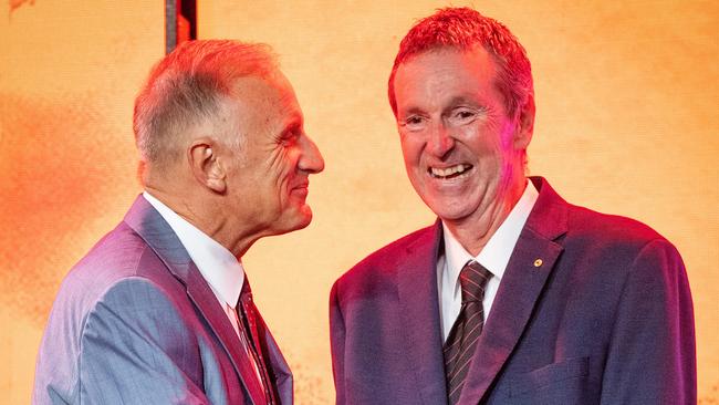 MELBOURNE, FEBRUARY 24, 2022: Neale Daniher is pictured with Tim Watson after being elevated to legend status at the 2022 Essendon Football Club Hall of Fame dinner. Picture: Mark Stewart