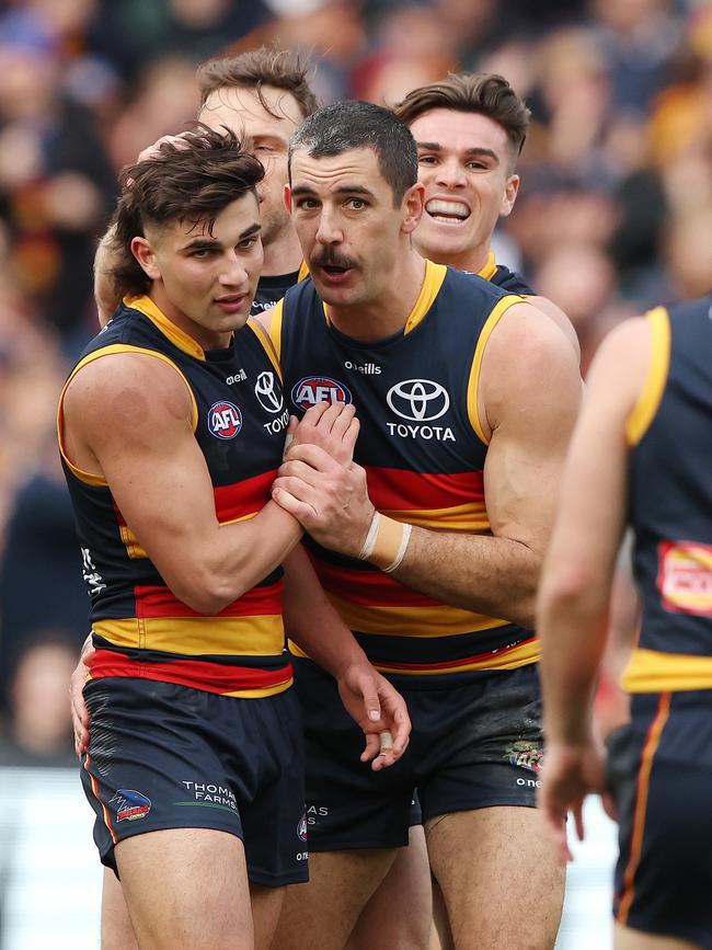 Rachele has bounced off Crows leaders like Taylor Walker to learn about the mental side of the game. Picture: Sarah Reed/AFL Photos via Getty Images.