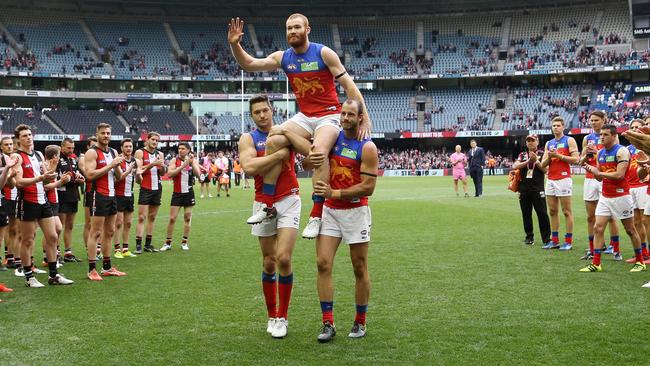 Daniel Merrett leaves the field for the last time. Picture: George Salpigtidis