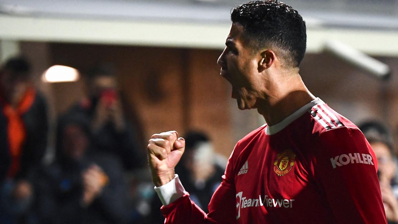 Selebrasi Cristiano Ronaldo dari Manchester United.  (Foto oleh Marco BERTORELLO / AFP)