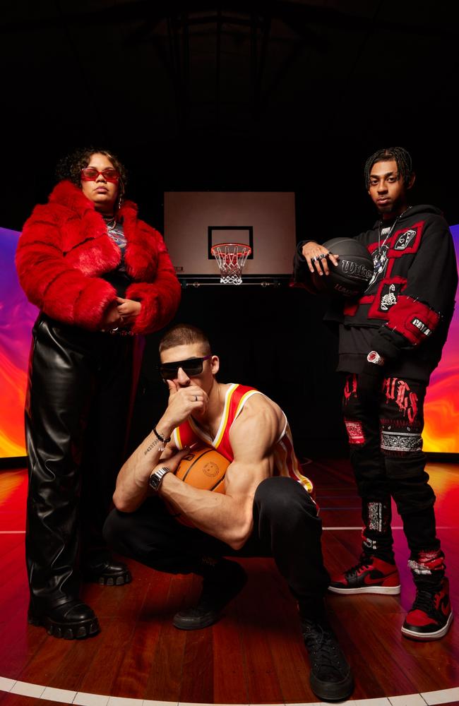 Chillinit, left, Sahxl. middle and Barkaa used the sounds from a game of basketball to produce music for international video game NBA2K in a world first.