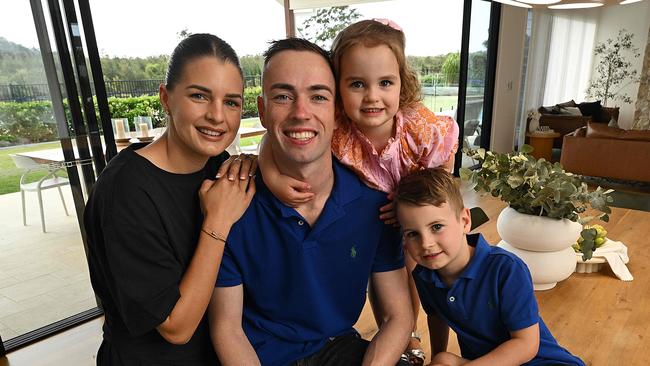 30/9/2024:  Pro jockey Jimmy Orman and his family, wife Heidi, Floyd 4 and Hallie 3 at the home they are selling in Nudgee, Brisbane .pic: Lyndon Mechielsen/Courier Mail
